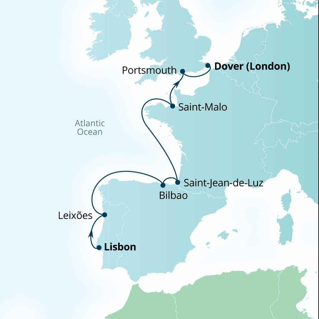 Carte de l’itinéraire Seabourn Quest, Lisbonne, Portugal → Douvres (Londres), Angleterre, Royaume-Uni