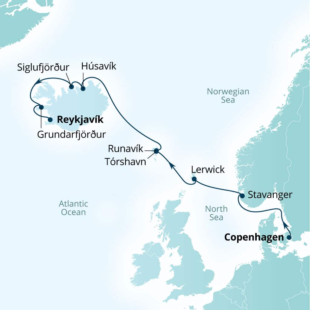 Carte de l’itinéraire Seabourn Quest, Copenhague, Danemark → Reykjavík, Islande