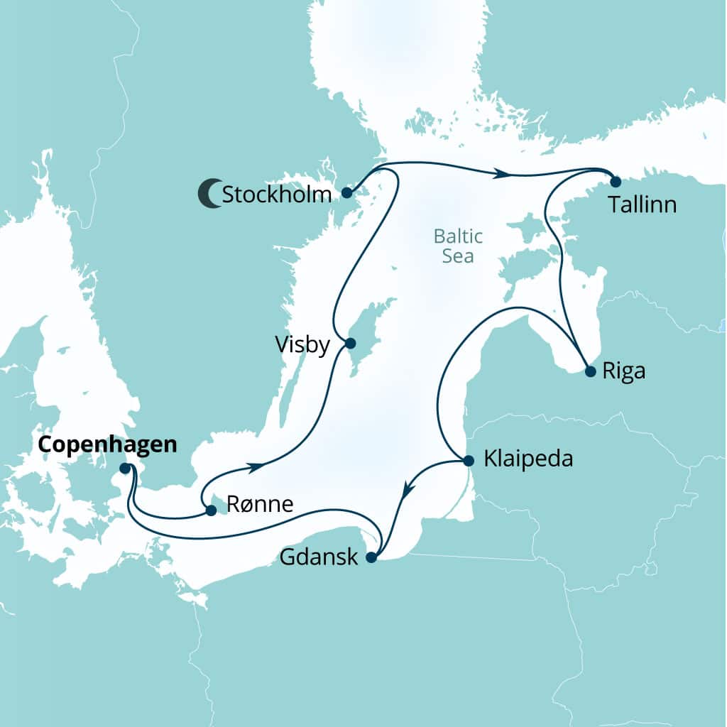 Carte de l’itinéraire Seabourn Quest, Copenhague, Danemark → Copenhague, Danemark
