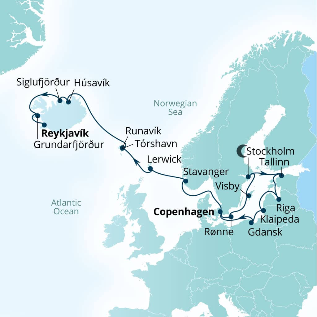 Carte de l’itinéraire Seabourn Quest, Copenhague, Danemark → Reykjavík, Islande