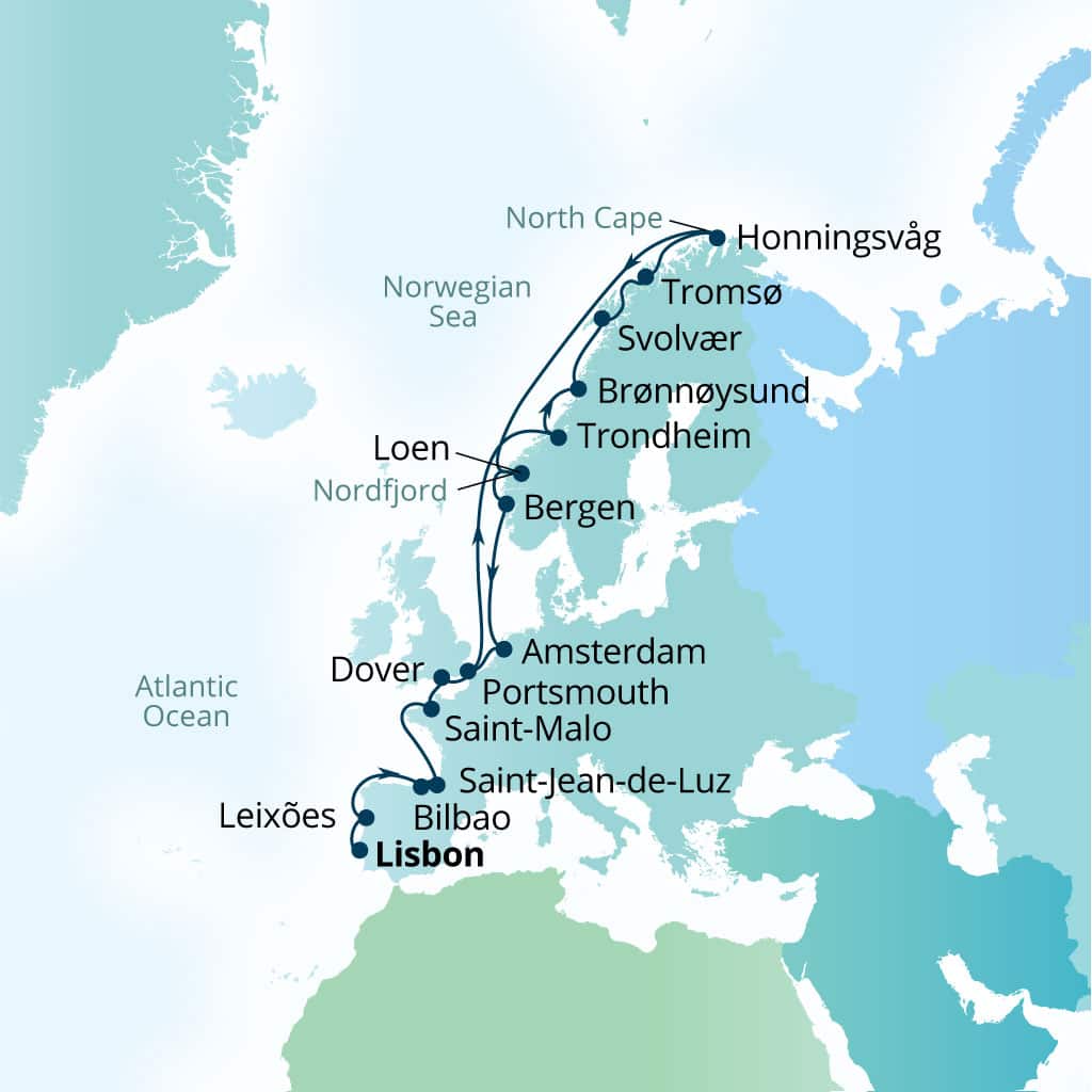 Carte de l’itinéraire Seabourn Quest, Lisbonne, Portugal → Douvres (Londres), Angleterre, Royaume-Uni