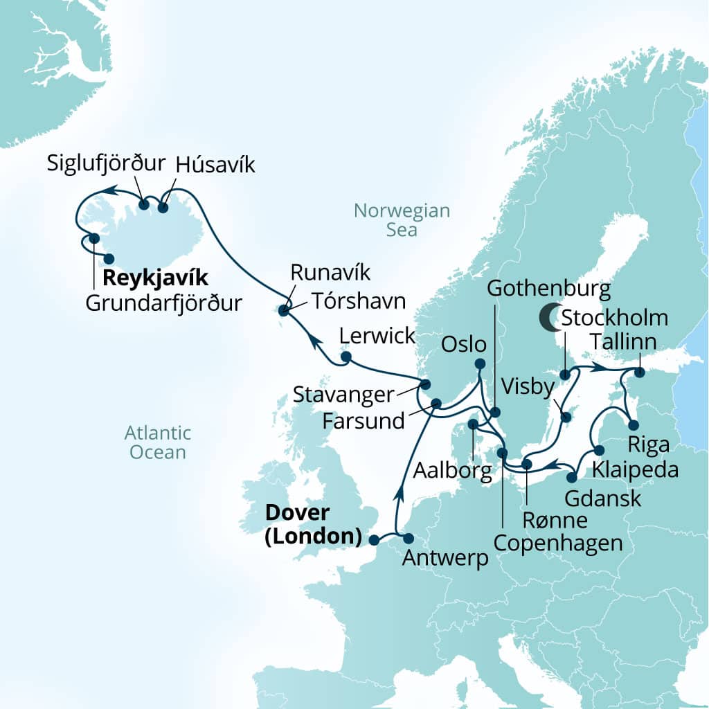 Carte de l’itinéraire Seabourn Quest, Douvres (Londres), Angleterre, Royaume-Uni → Reykjavík, Islande