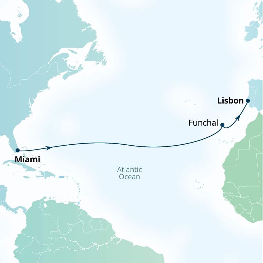 Carte de l’itinéraire Seabourn Quest, Miami, Florida, États-Unis → Lisbonne, Portugal