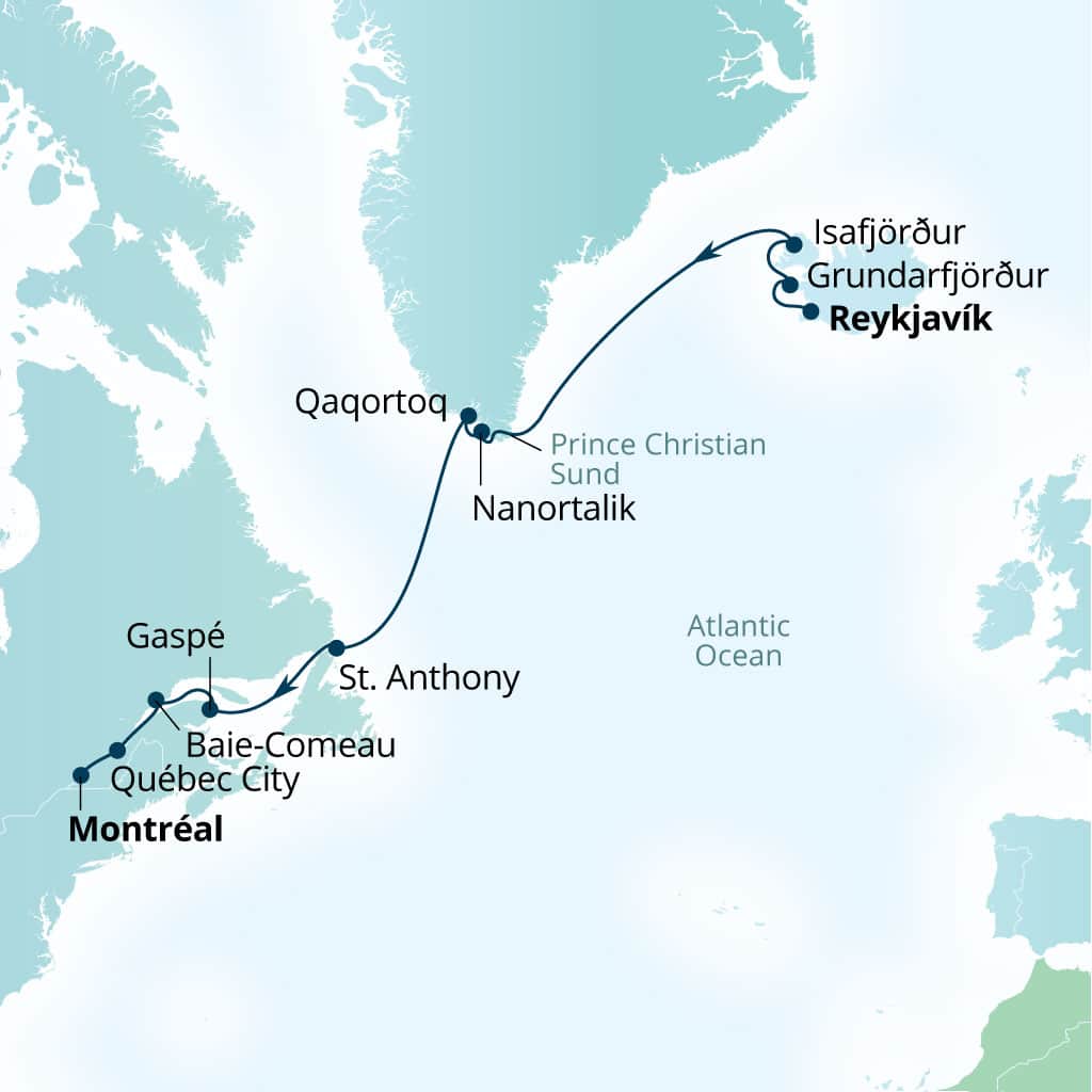 Carte de l’itinéraire Seabourn Quest, Reykjavík, Islande → Montreal, Quebec, Canada