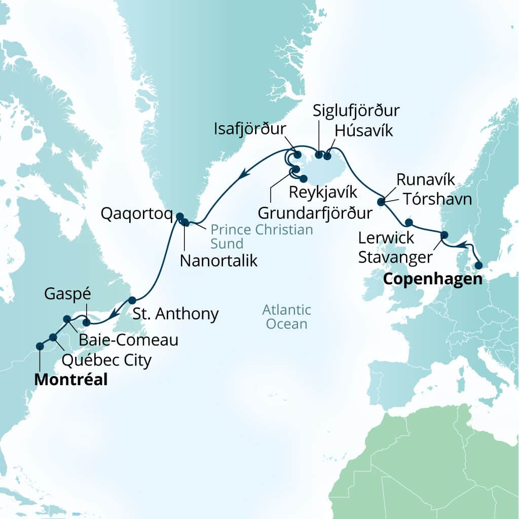 Carte de l’itinéraire Seabourn Quest, Copenhague, Danemark → Montreal, Quebec, Canada