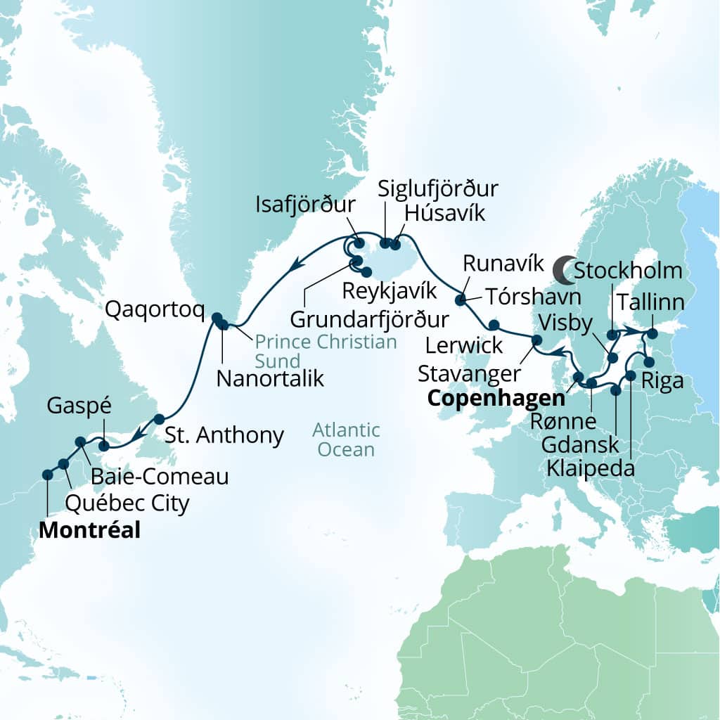 Carte de l’itinéraire Seabourn Quest, Copenhague, Danemark → Montreal, Quebec, Canada