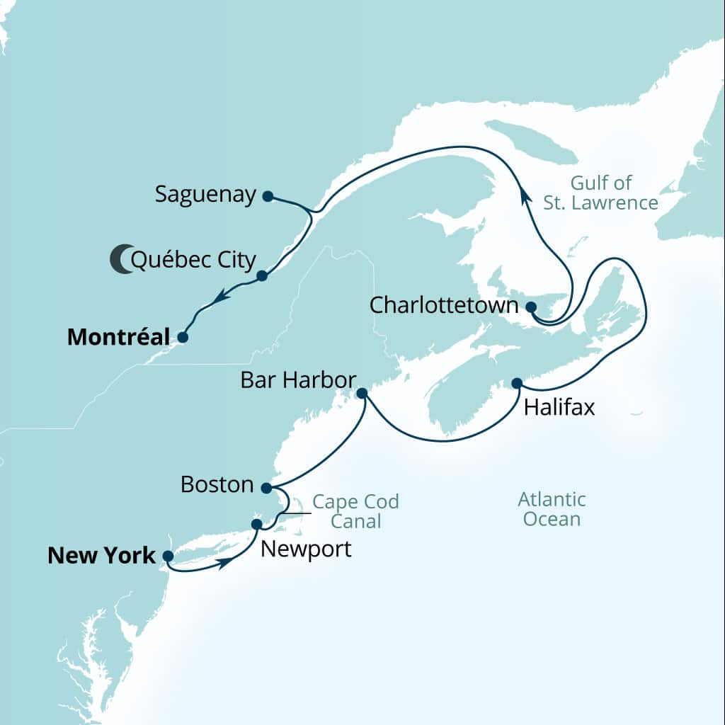 Carte de l’itinéraire Seabourn Quest, New York, New York, États-Unis → Montreal, Quebec, Canada