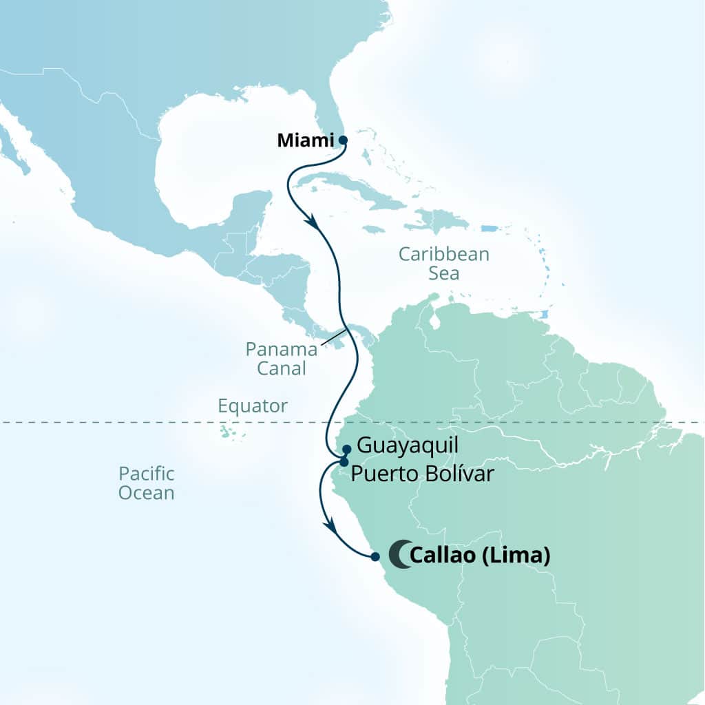 Carte de l’itinéraire Seabourn Quest, Miami, Florida, États-Unis → Callao (Lima), Pérou