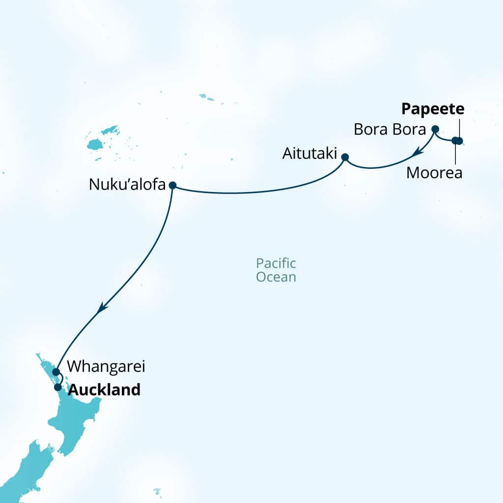 Carte de l’itinéraire Seabourn Quest, Papeete, Polynésie française → Auckland, Nouvelle-Zélande