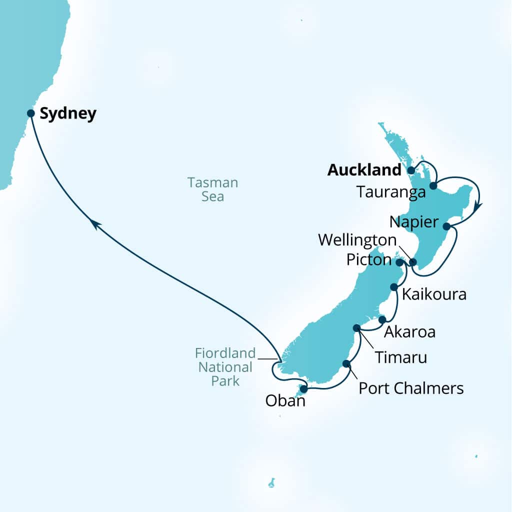 Carte de l’itinéraire Seabourn Quest, Auckland, Nouvelle-Zélande → Sydney, Australie