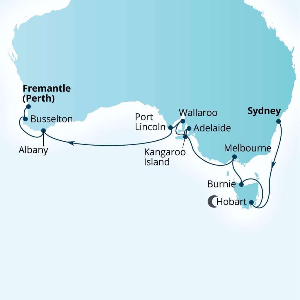 Carte de l’itinéraire Seabourn Quest, Sydney, Australie → Fremantle (Perth), Australie