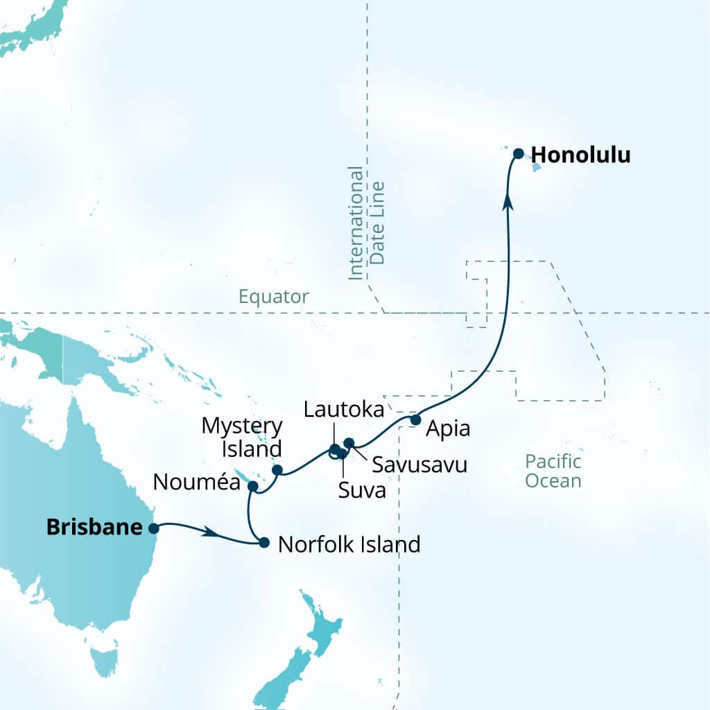 Carte de l’itinéraire Seabourn Quest, Brisbane, Australie → Honolulu, Hawaii, États-Unis