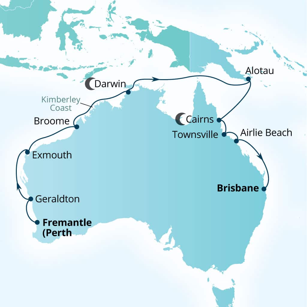 Carte de l’itinéraire Seabourn Quest, Fremantle (Perth), Australie → Brisbane, Australie