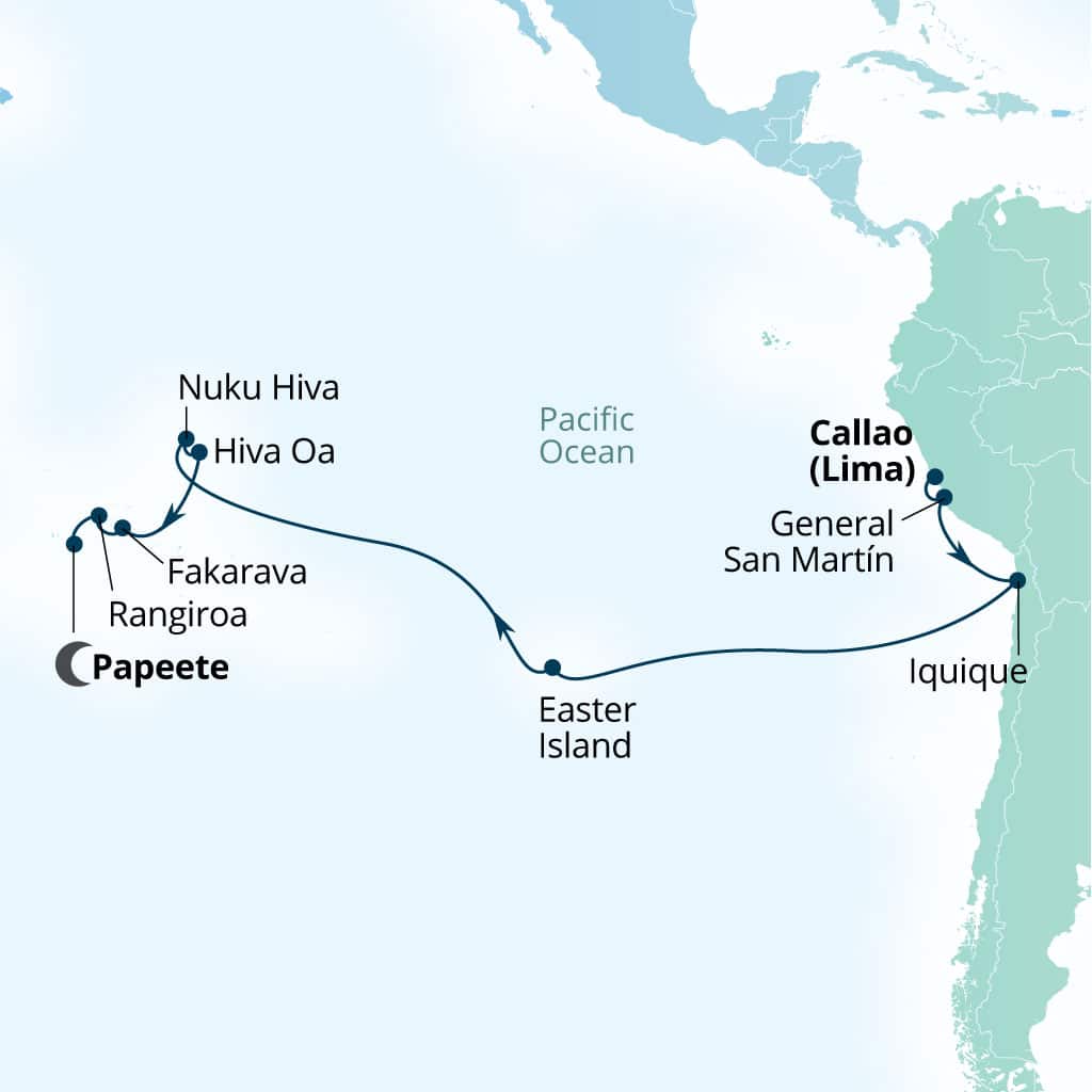 Carte de l’itinéraire Seabourn Quest, Callao (Lima), Pérou → Papeete, Polynésie française