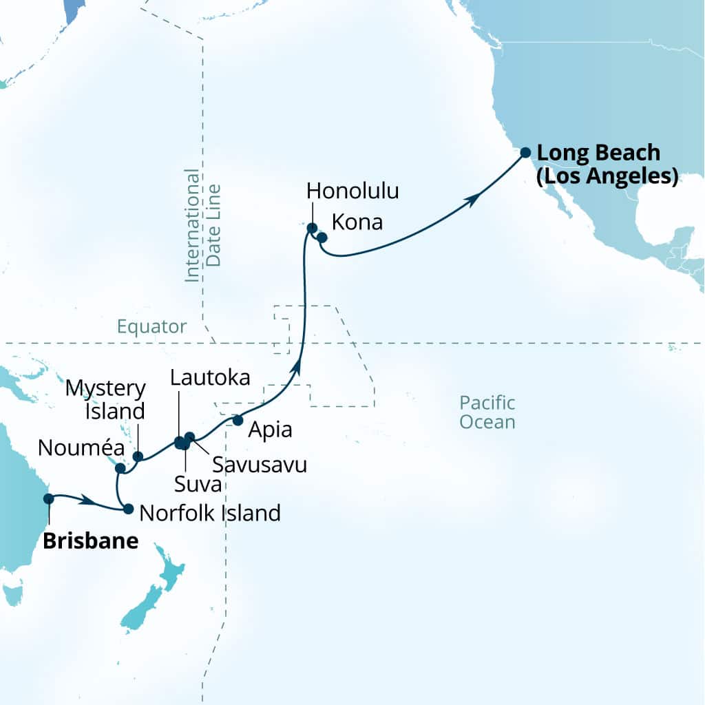 Carte de l’itinéraire Seabourn Quest, Brisbane, Australie → Long Beach, California, États-Unis