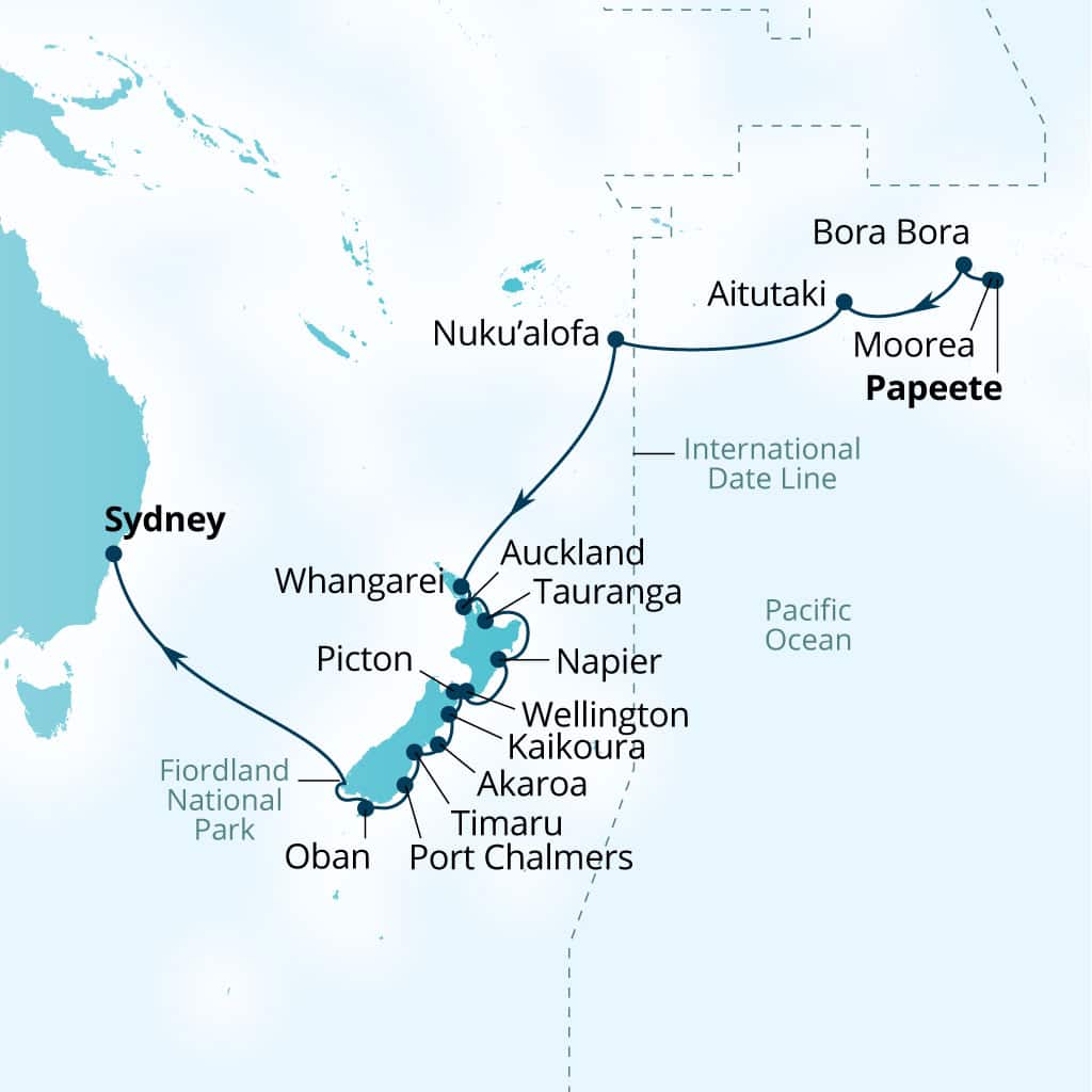Carte de l’itinéraire Seabourn Quest, Papeete, Polynésie française → Sydney, Australie