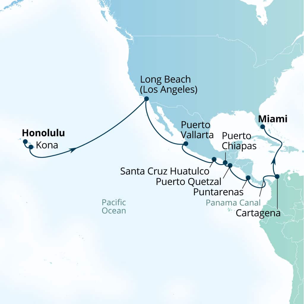 Carte de l’itinéraire Seabourn Quest, Honolulu, Hawaii, États-Unis → Miami, Florida, États-Unis