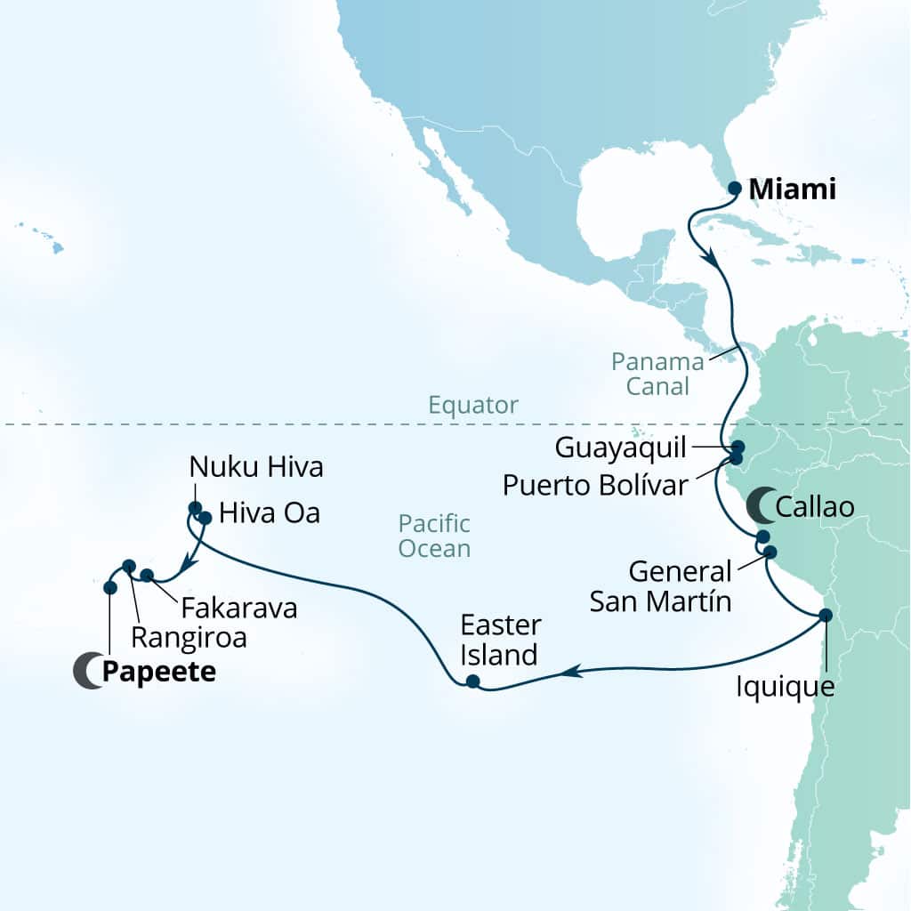 Carte de l’itinéraire Seabourn Quest, Miami, Florida, États-Unis → Papeete, Polynésie française