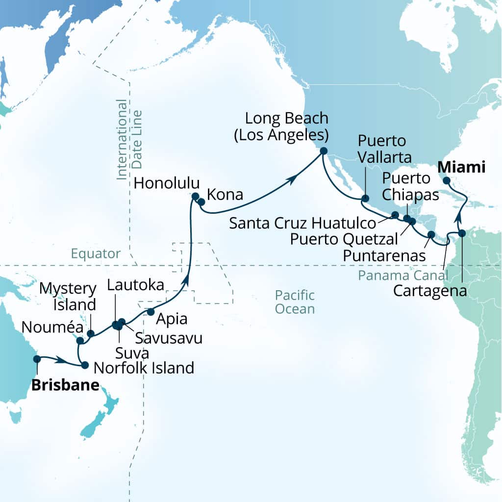 Carte de l’itinéraire Seabourn Quest, Brisbane, Australie → Miami, Florida, États-Unis