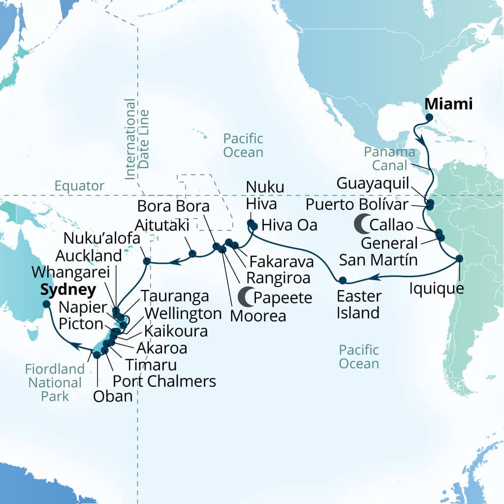 Carte de l’itinéraire Seabourn Quest, Miami, Florida, États-Unis → Sydney, Australie