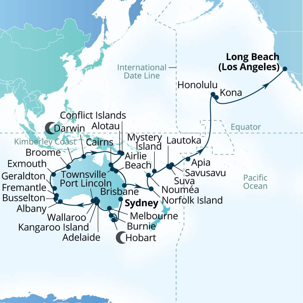 Carte de l’itinéraire Seabourn Quest, Sydney, Australie → Long Beach, California, États-Unis