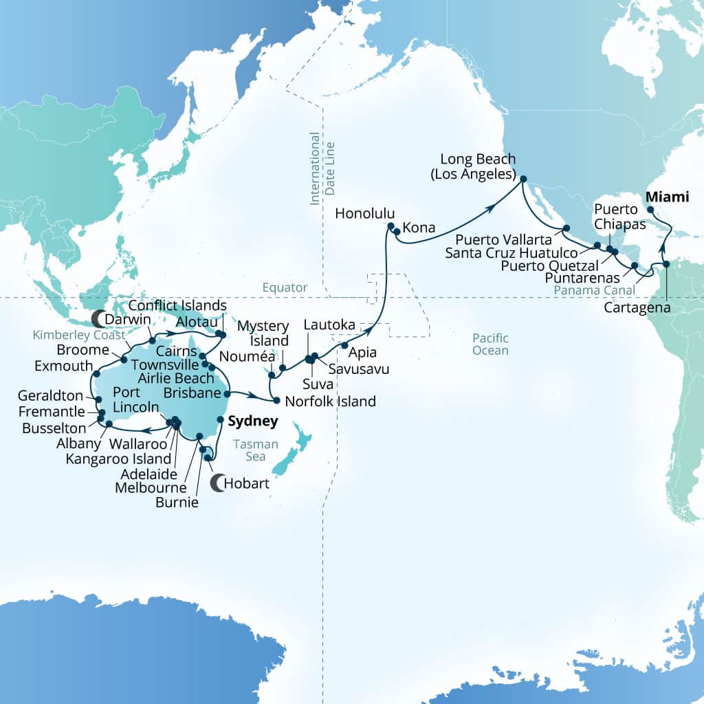Carte de l’itinéraire Seabourn Quest, Sydney, Australie → Miami, Florida, États-Unis
