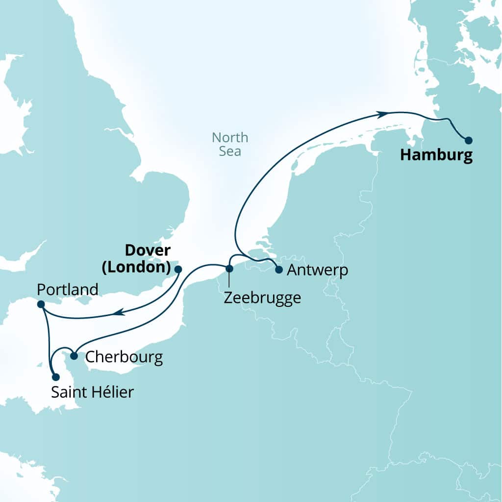 Carte de l’itinéraire Seabourn Quest, Southampton (Londres), Angleterre → Hamburg, Allemagne