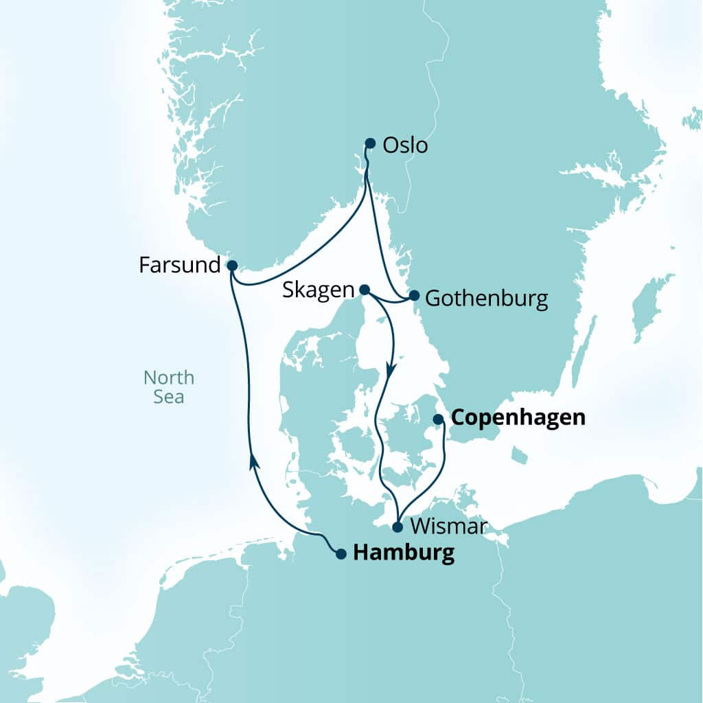 Carte de l’itinéraire Seabourn Quest, Hamburg, Allemagne → Copenhague, Danemark