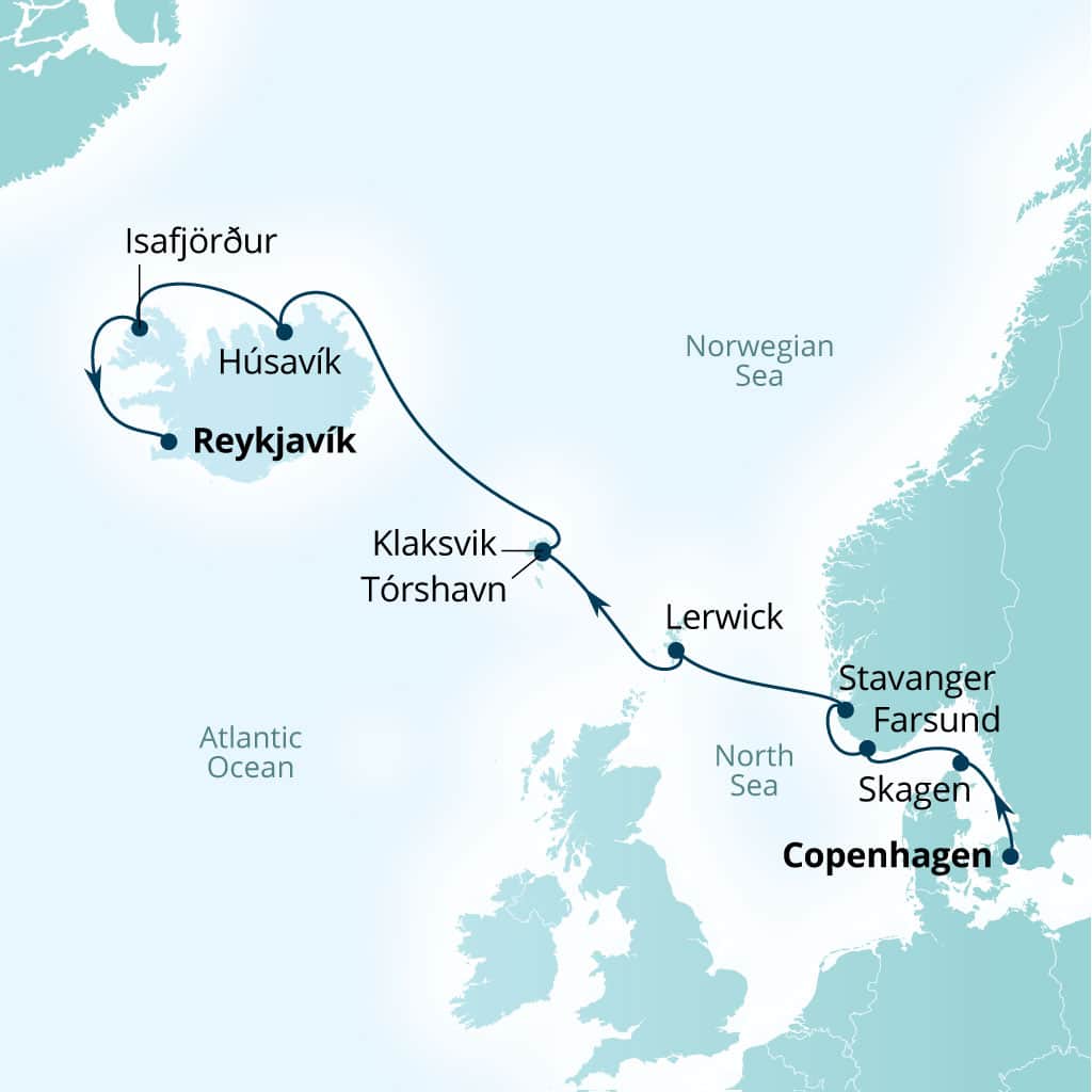 Carte de l’itinéraire Seabourn Quest, Copenhague, Danemark → Reykjavík, Islande