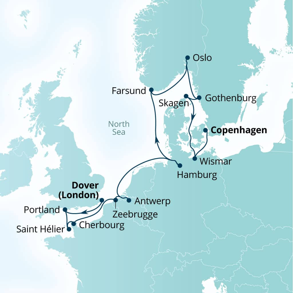 Carte de l’itinéraire Seabourn Quest, Southampton (Londres), Angleterre → Copenhague, Danemark