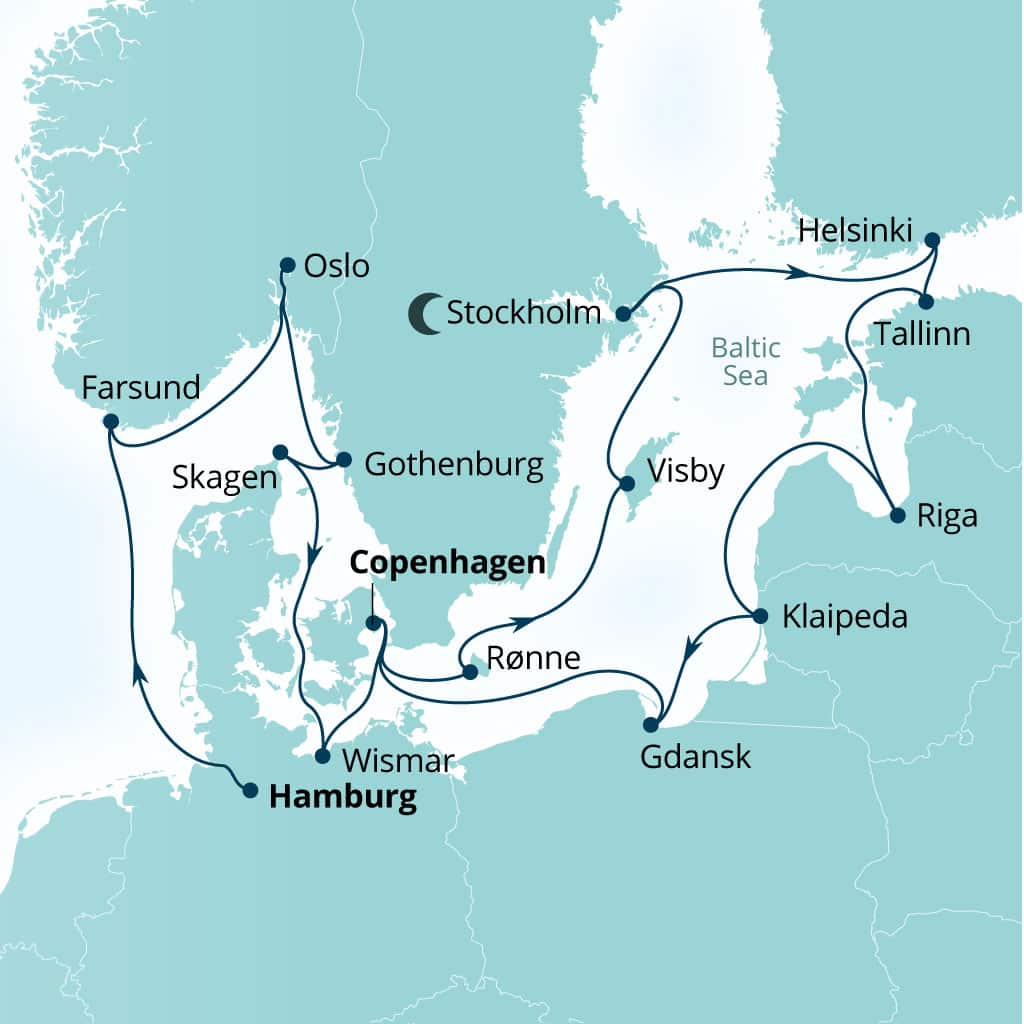 Carte de l’itinéraire Seabourn Quest, Hamburg, Allemagne → Copenhague, Danemark