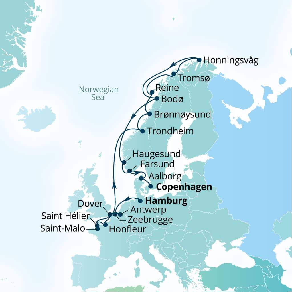 Carte de l’itinéraire Seabourn Quest, Hamburg, Allemagne → Copenhague, Danemark