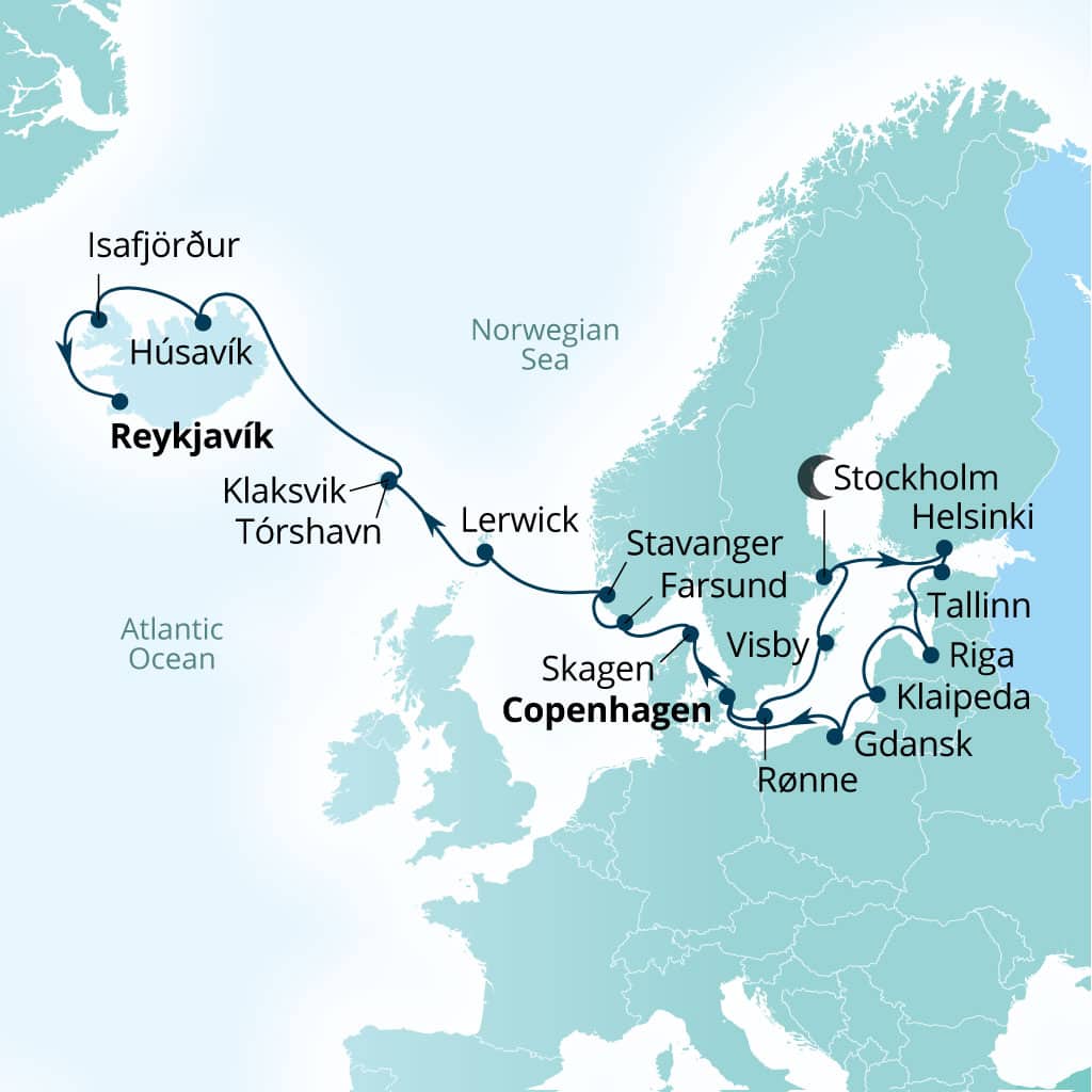 Carte de l’itinéraire Seabourn Quest, Copenhague, Danemark → Reykjavík, Islande