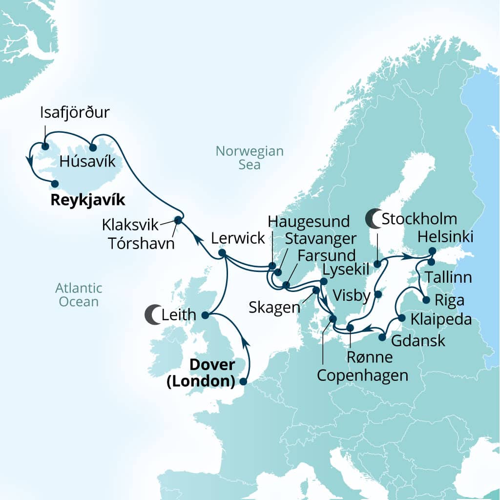 Carte de l’itinéraire Seabourn Quest, Douvres (Londres), Angleterre, Royaume-Uni → Reykjavík, Islande