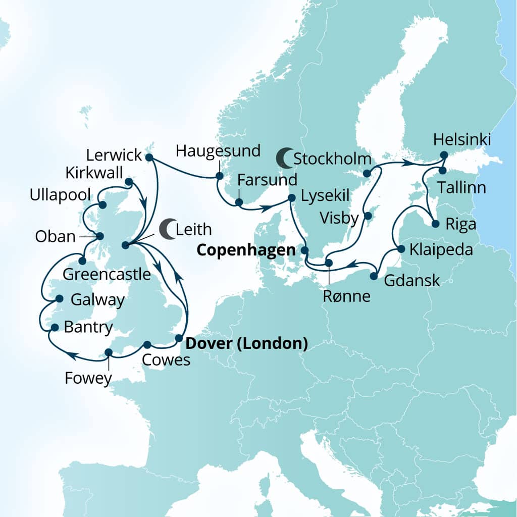 Carte de l’itinéraire Seabourn Quest, Douvres (Londres), Angleterre, Royaume-Uni → Copenhague, Danemark
