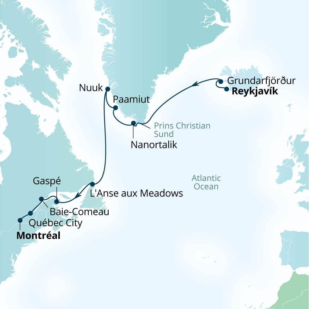 Carte de l’itinéraire Seabourn Quest, Reykjavík, Islande → Montreal, Quebec, Canada