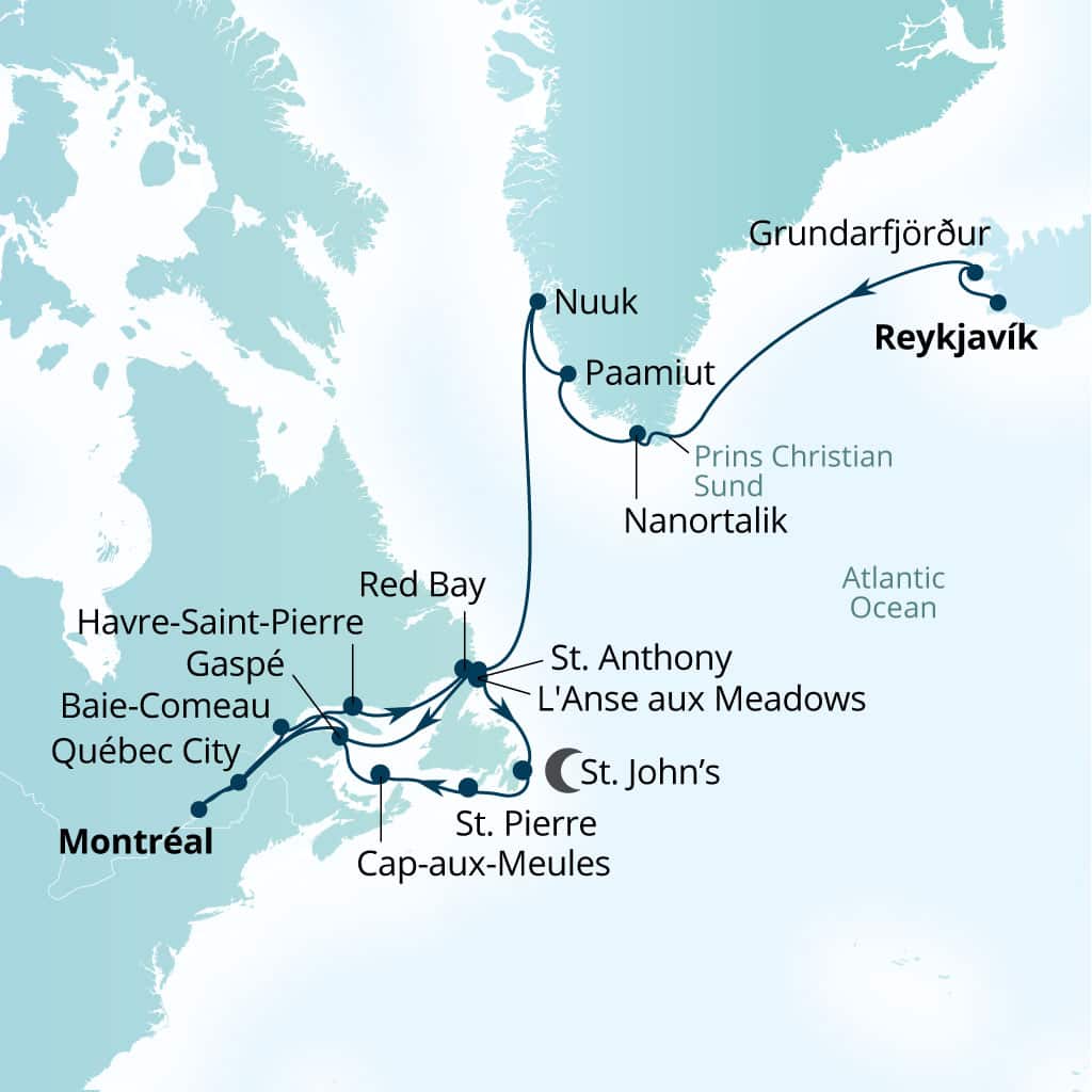 Carte de l’itinéraire Seabourn Quest, Reykjavík, Islande → Montreal, Quebec, Canada