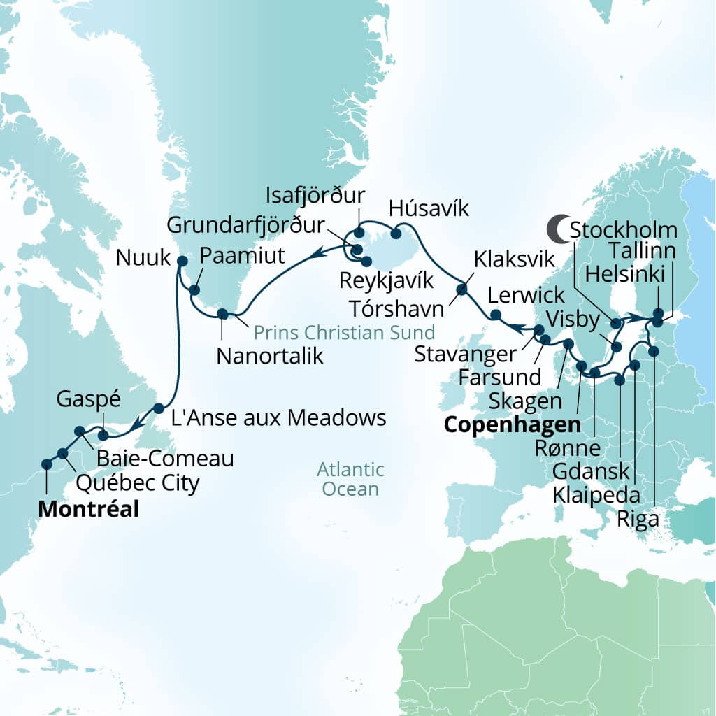 Carte de l’itinéraire Seabourn Quest, Copenhague, Danemark → Montreal, Quebec, Canada