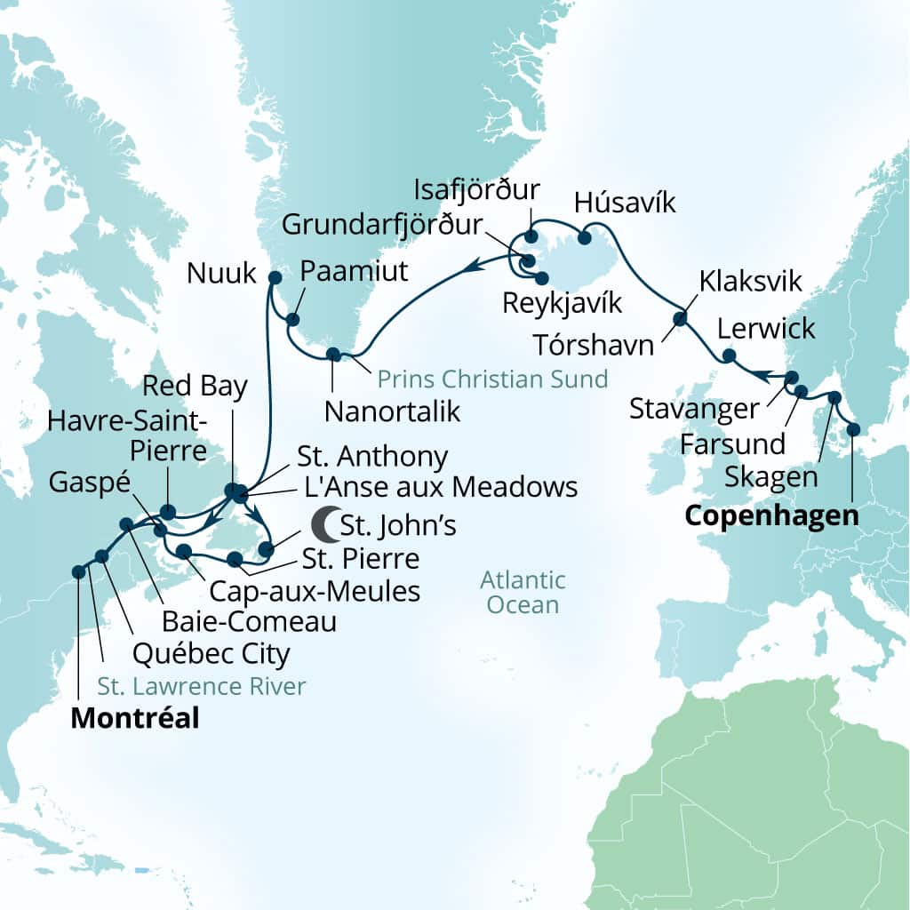 Carte de l’itinéraire Seabourn Quest, Copenhague, Danemark → Montreal, Quebec, Canada