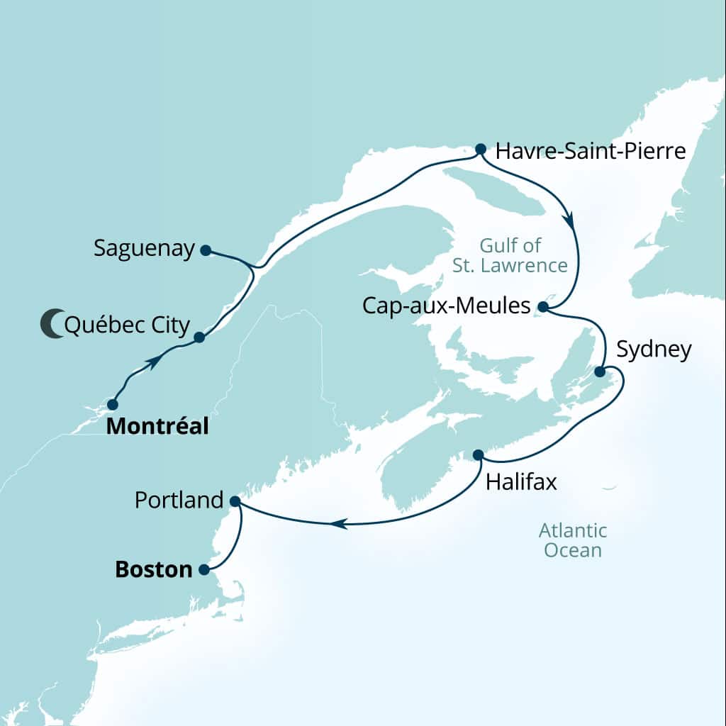 Carte de l’itinéraire Seabourn Quest, Montreal, Quebec, Canada → Boston, Massachusetts, États-Unis