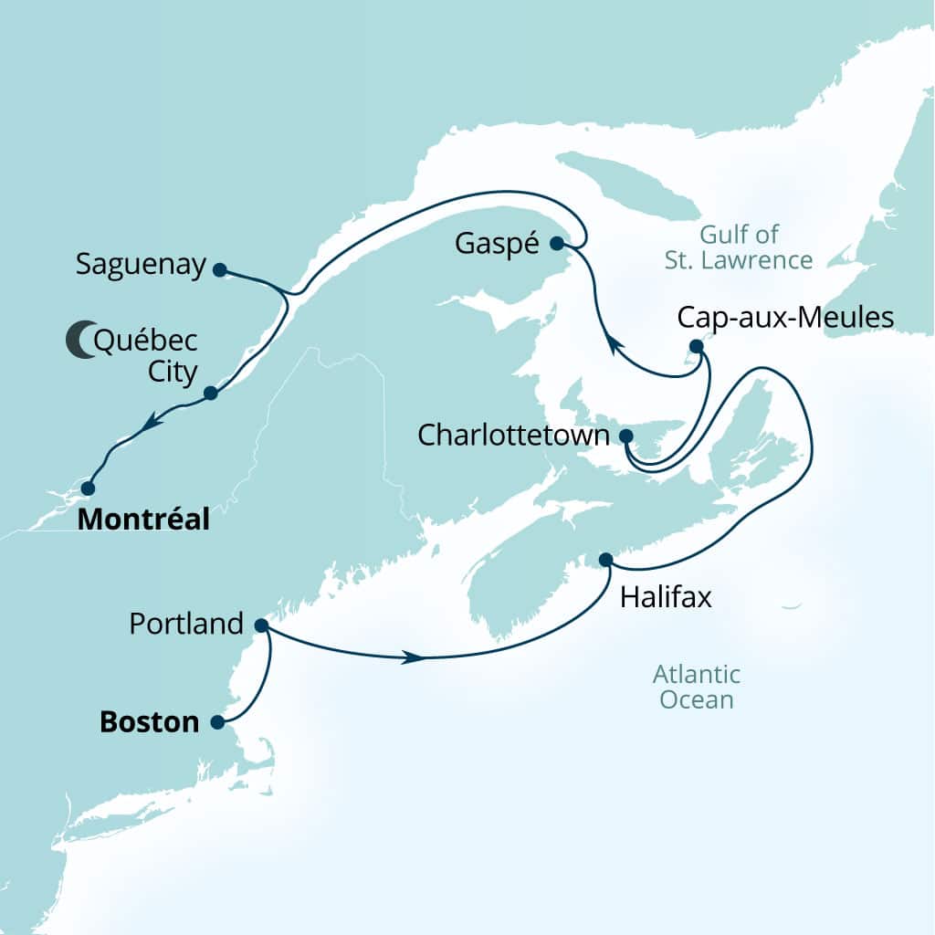 Carte de l’itinéraire Seabourn Quest, Boston, Massachusetts, États-Unis → Montreal, Quebec, Canada