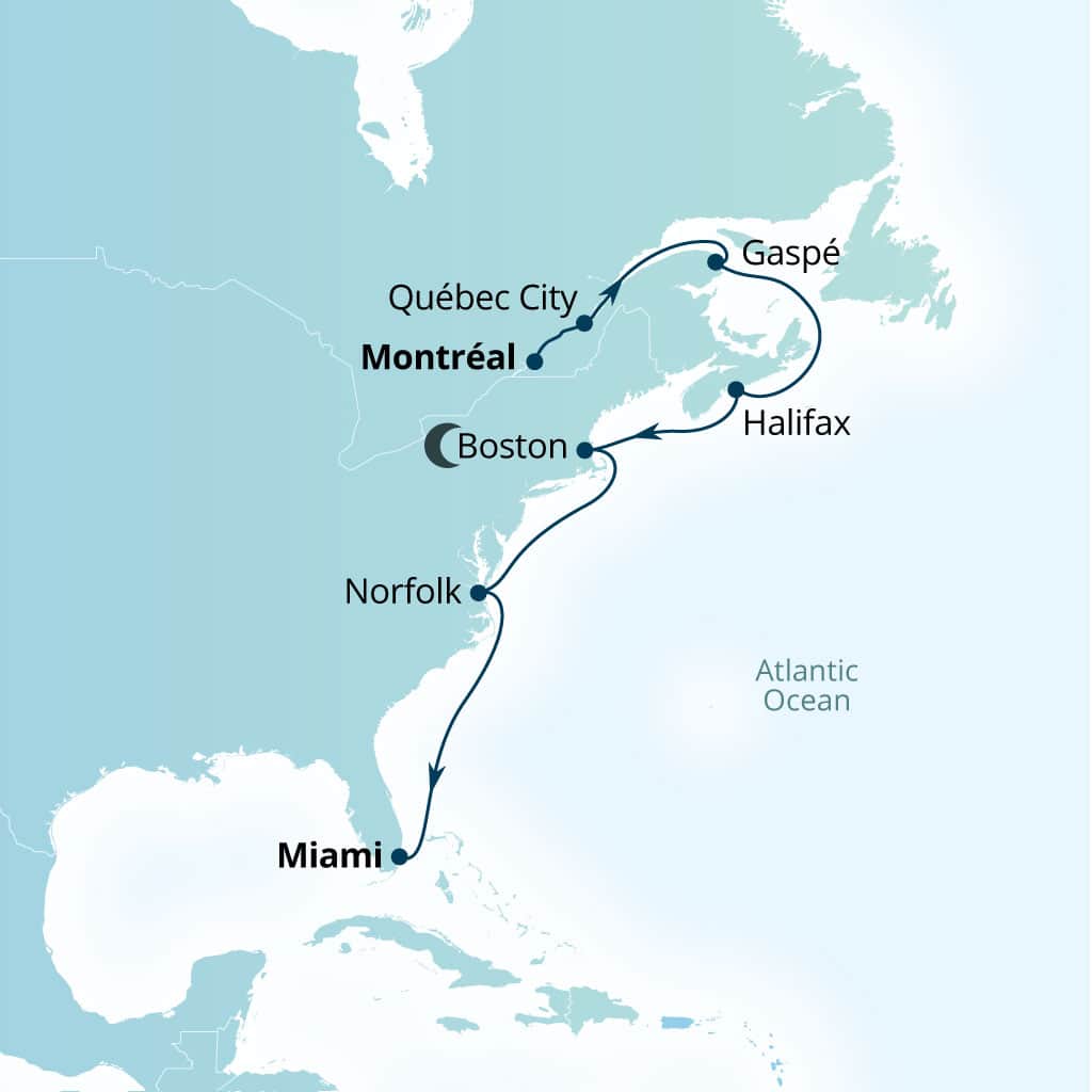 Carte de l’itinéraire Seabourn Quest, Montreal, Quebec, Canada → Miami, Florida, États-Unis