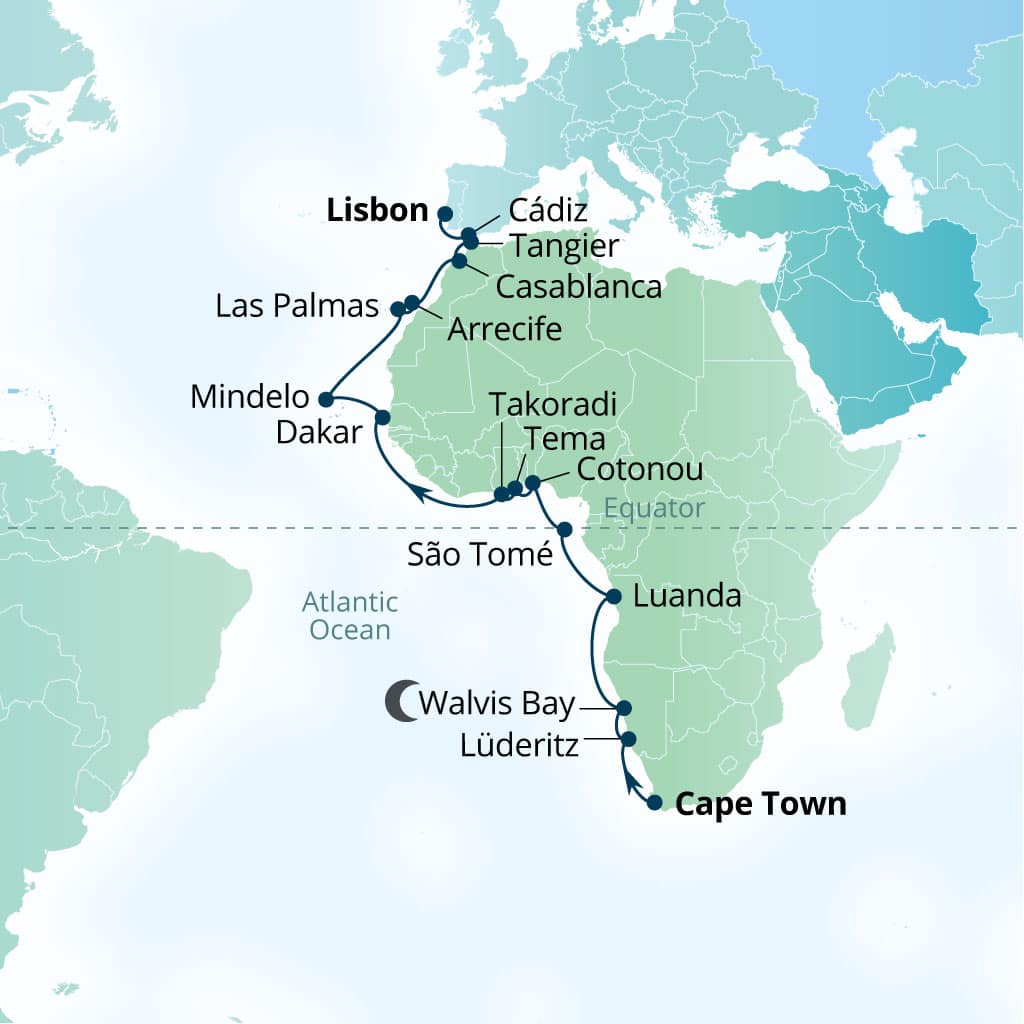 Carte de l’itinéraire Seabourn Quest, Le Cap, Afrique du Sud → Lisbonne, Portugal