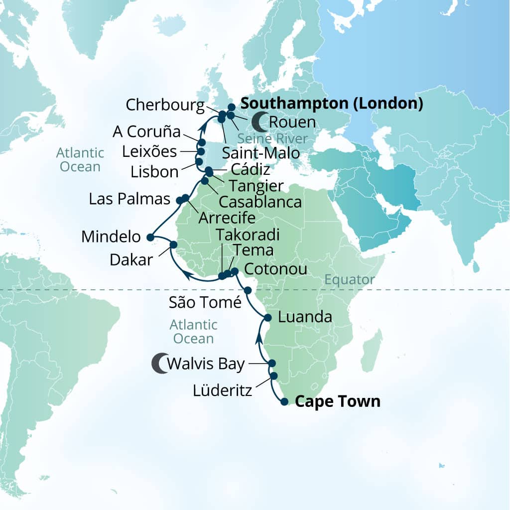 Carte de l’itinéraire Seabourn Quest, Le Cap, Afrique du Sud → Southampton (Londres), Angleterre