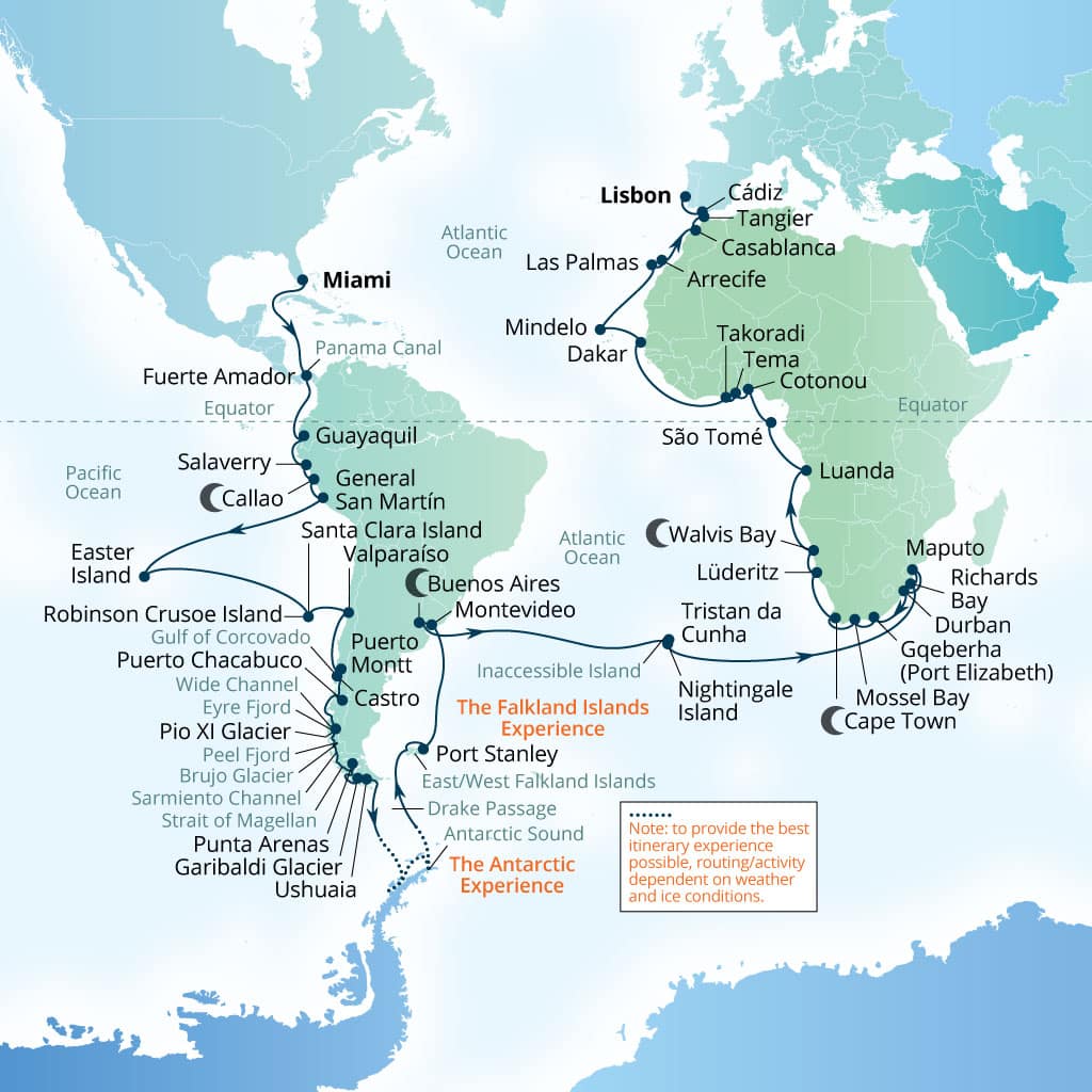 Carte de l’itinéraire Seabourn Quest, Miami, Florida, États-Unis → Lisbonne, Portugal