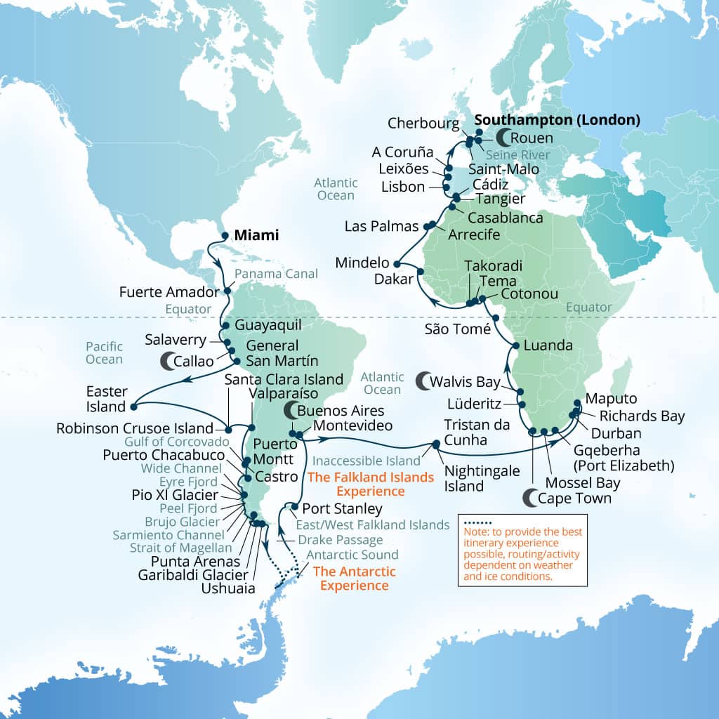 Carte de l’itinéraire Seabourn Quest, Miami, Florida, États-Unis → Southampton (Londres), Angleterre