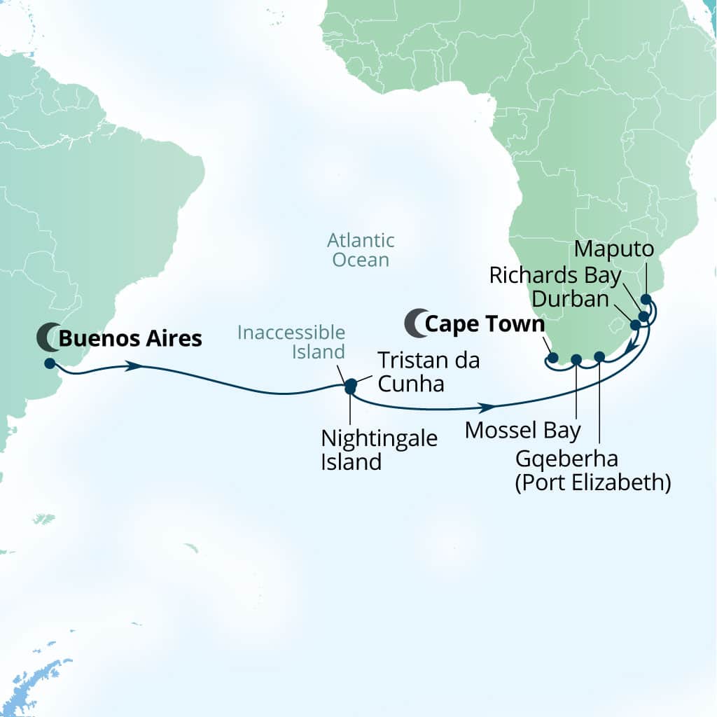 Carte de l’itinéraire Seabourn Quest, Buenos Aires, Argentine → Le Cap, Afrique du Sud