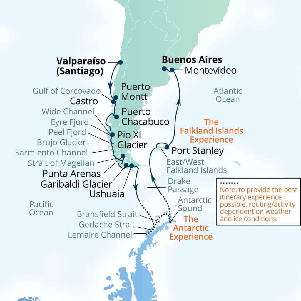 Carte de l’itinéraire Seabourn Quest, Valparaiso (Santiago), Chili → Buenos Aires, Argentine