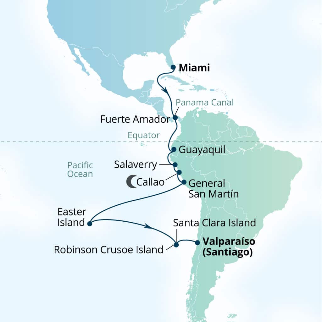 Carte de l’itinéraire Seabourn Quest, Miami, Florida, États-Unis → Valparaiso (Santiago), Chili