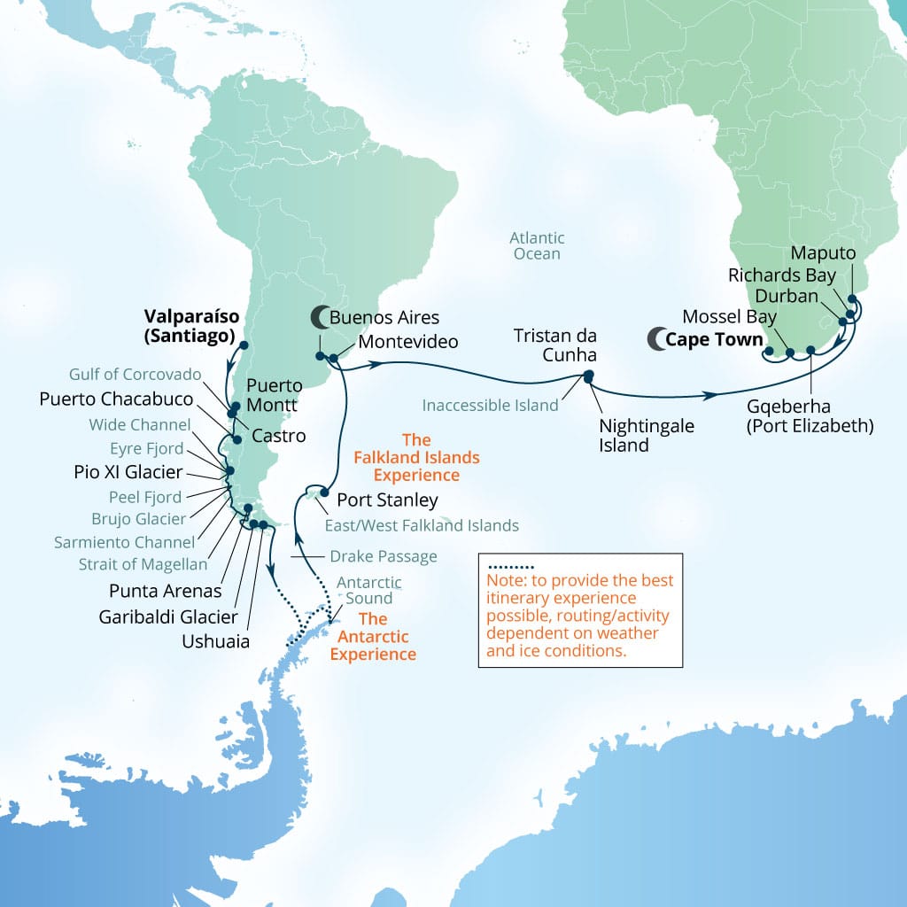 Carte de l’itinéraire Seabourn Quest, Valparaiso (Santiago), Chili → Le Cap, Afrique du Sud